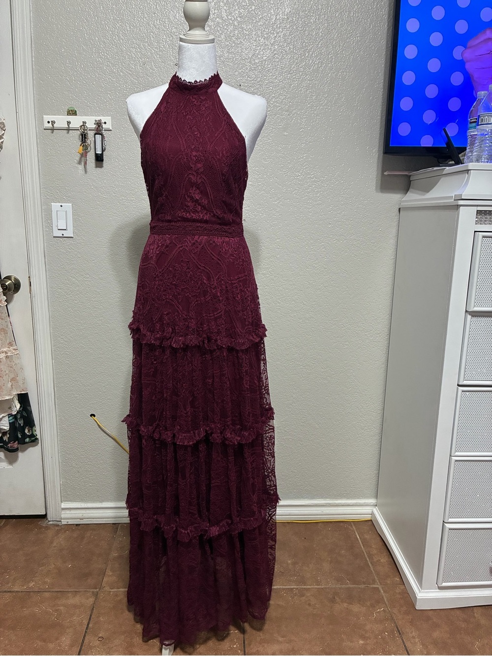 Altar'd State Burgundy Halter Lace Tiered Maxi Dress